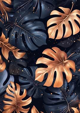 Monstera Leaves Pattern in Gold and Blue | Rose Gold Monstera Poster