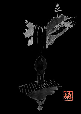 Ink Wash Painting: Contemplation by Waterfall