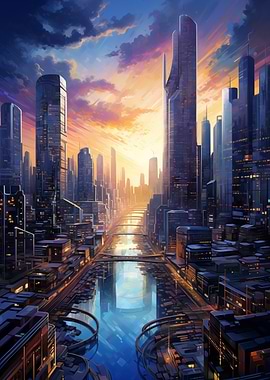 Futuristic Cityscape at Sunset