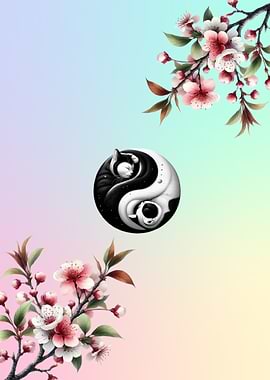 Yin Yang Cats with Cherry Blossoms