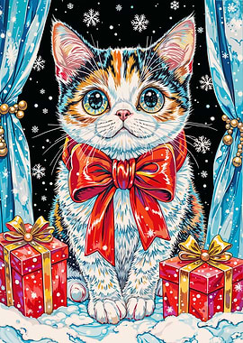 Festive Cat with Gifts and Snowflakes