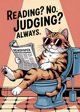 Cat on Toilet Reading Newspaper