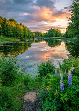 Lake at Sunset with Lupines
