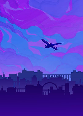 Airplane over Cityscape at Dusk