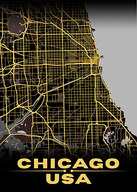 Elegant Gold Chicago City Map