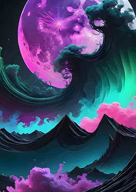 Surreal Landscape with Moon and Waves