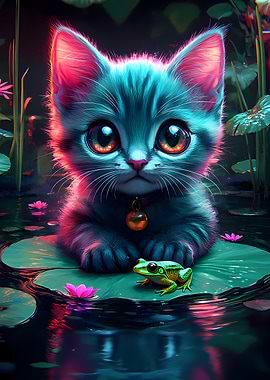 Cute Kitten and Frog on Lilypad