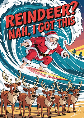 Surfing Santa with Reindeer on Beach