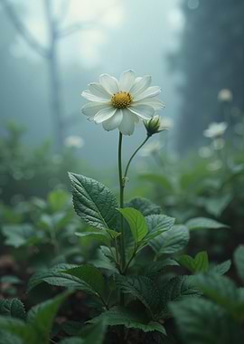 White Daisy in Misty Green Field