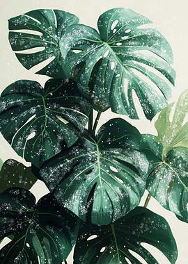 Monstera Plant with Glittering Effect | Green Monstera Poster | Botanical Wall Art
