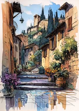 Watercolor Painting of Italian village