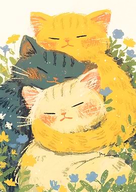 Three Cats Cuddling in Flowers