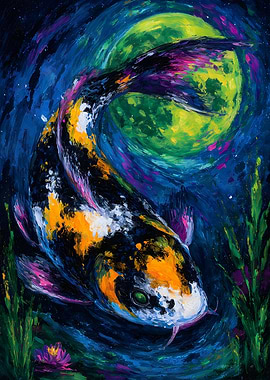 Koi Fish Under the Moon Painting