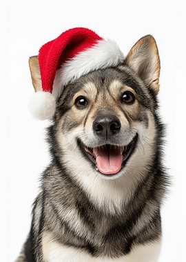 Smiling Swedish Vallhund Dog with Santa Hat