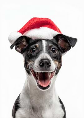 Smooth Fox Terrier Dog with Santa Hat Portrait