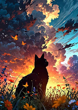 Black Cat in a Flower Field