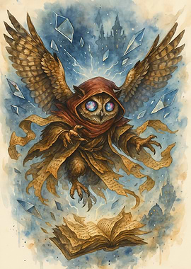 Wizard Owl with Book Watercolor Painting