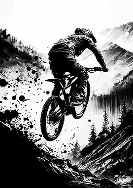 Mountain biker jumping in black and white