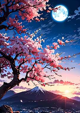 Cherry Blossoms, Mountain, and Moonlit Sky