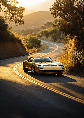 Yellow Lamborghini Miura on winding road