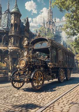 Steampunk Vehicle in Ornate Cityscape