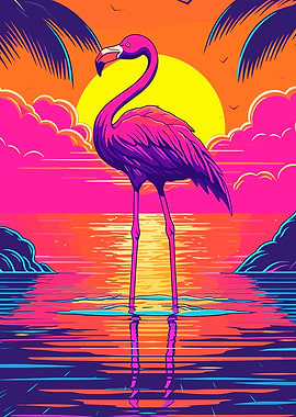 Flamingo in Sunset Neon Art