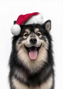 Happy Finnish Lapphund Dog with Santa Hat