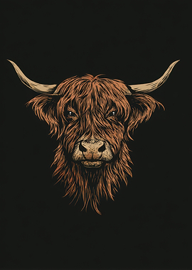 Highland Cow Portrait on Black Background