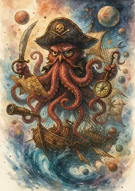 Octopus Pirate Captain Watercolor Illustration