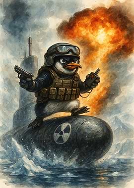 Armed Penguin on Submarine Watercolor
