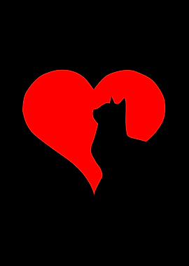 Loving Cat Silhouette: Red Heart Minimalist Wall Art