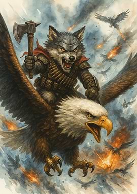 Wolf Warrior Riding Eagle in Battle