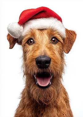 Irish Terrier Dog with Santa Hat Portrait