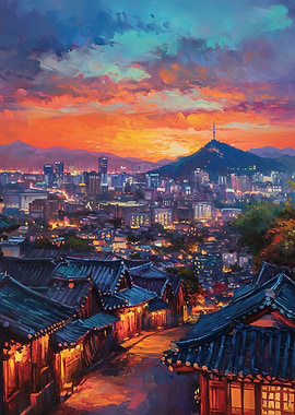 Seoul cityscape at sunset painting