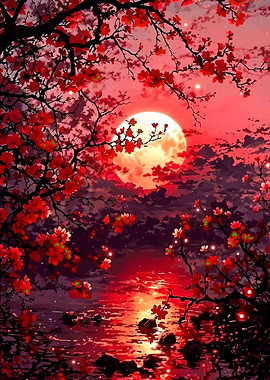 Red Blossom Moonlit Lake