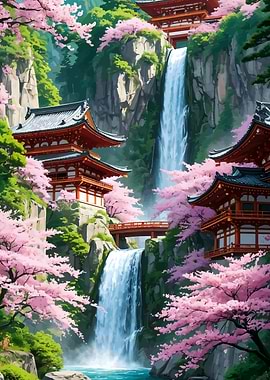 Japanese Temple Waterfall with Cherry Blossoms