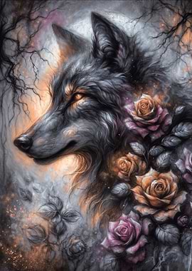 Fantasy Charcoal Wolf in a Rose Forest