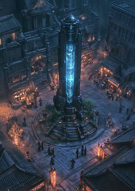 Futuristic Asian Cityscape with Glowing Tower