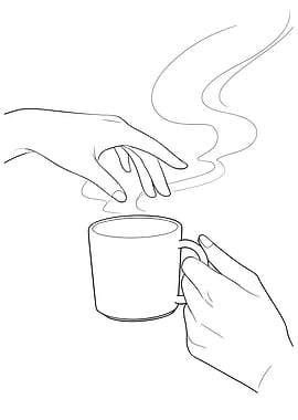 Hands reaching for a steaming coffee mug Minimalist Line Art
