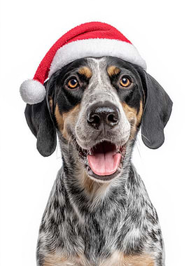 Bluetick Coonhound Dog with Santa Hat Portrait