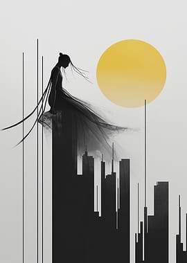 Silhouette Woman Overlooking Cityscape with Sun