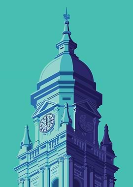 Clock Tower Illustration in Teal and Blue