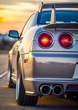 Silver Sports Car Rear View Sunset