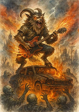 Guitar-Playing Beast on Burning Car