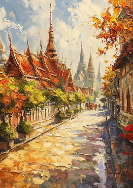 Impressionistic Asian Temple Street Scene Painting