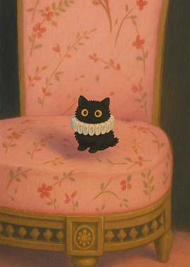 Black Cat on Pink Floral Chair