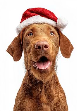 Wirehaired Vizsla Dog with Santa Hat