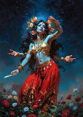Goddess Kali with Knife in Flower Field