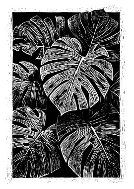 Monstera Leaves Black and White Print | Dark Monstera Leaf Poster