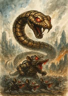 Mechanical Snake and Rats in Cityscape